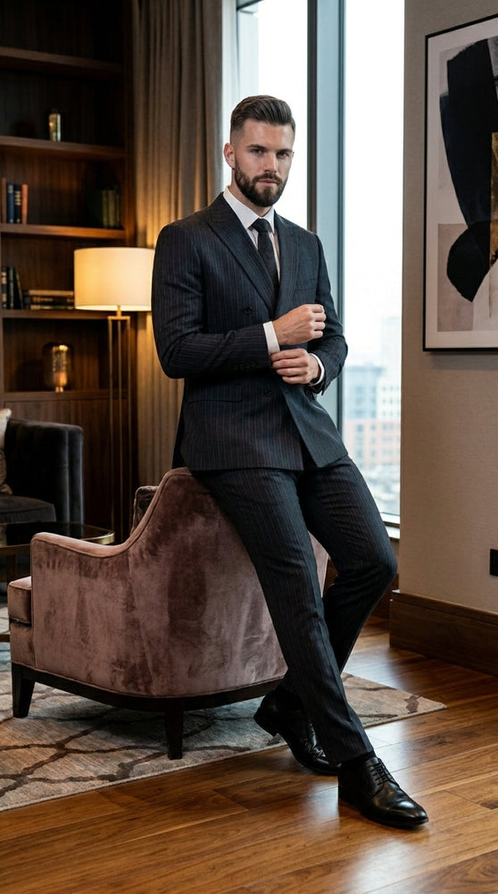 Men’s Black Pinstripe Double Breasted Suit – Classic Formal Business Suit Office and Evening Wear Modern Fit Conservative pattern