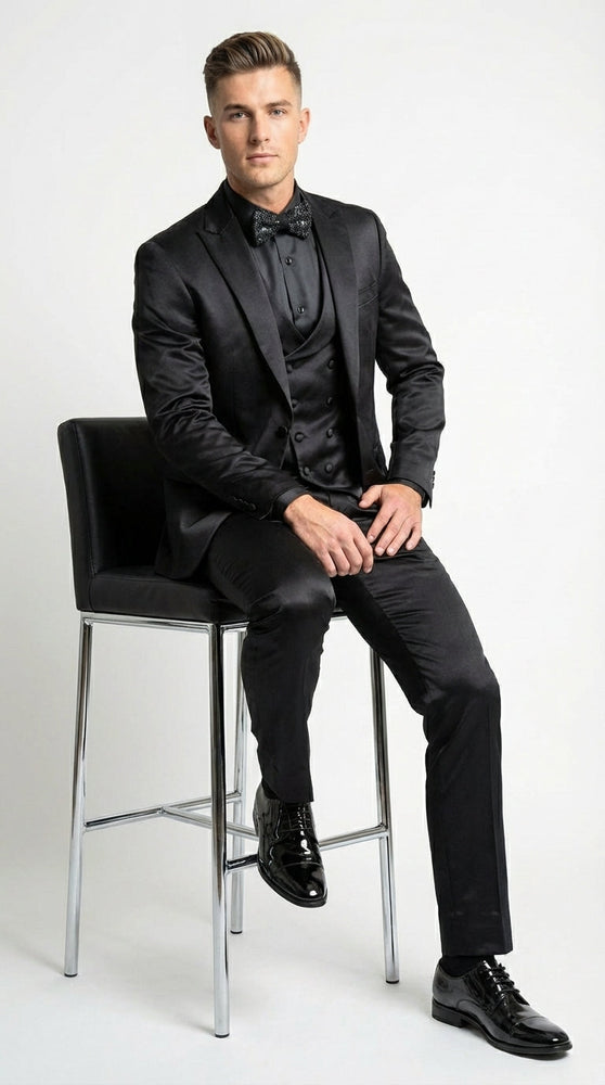 Men’s All Shiny Black Satin Suit – Black Satin Tuxedo Suit for Prom, Wedding, Formal Party and Evening Events Double breasted Vest