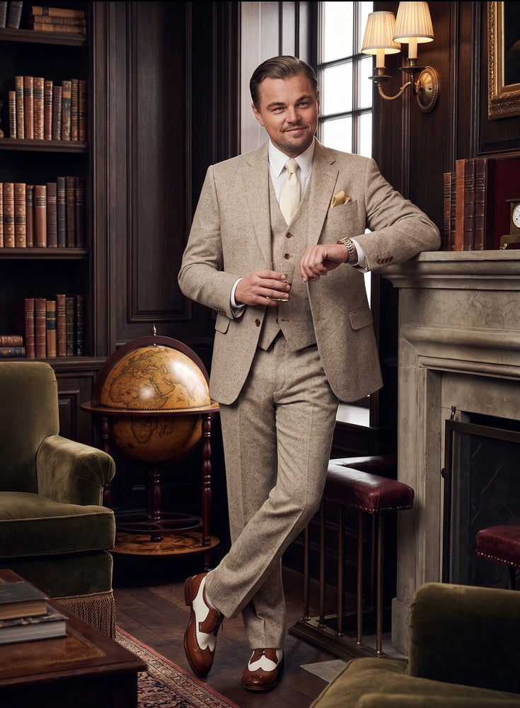 Men’s Light Tan Tweed Great Gatsby 3 Piece Suit – Vintage Vested Wedding Suit, 1920s Classic Formal Outfit Herringbone