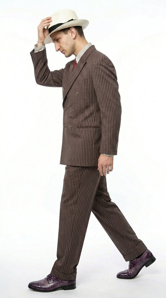 Men’s Brown Pinstripe Bonnie and Clyde Costume Suit – Vintage Gangster 1920s Outfit for Party, Halloween and Themed Events