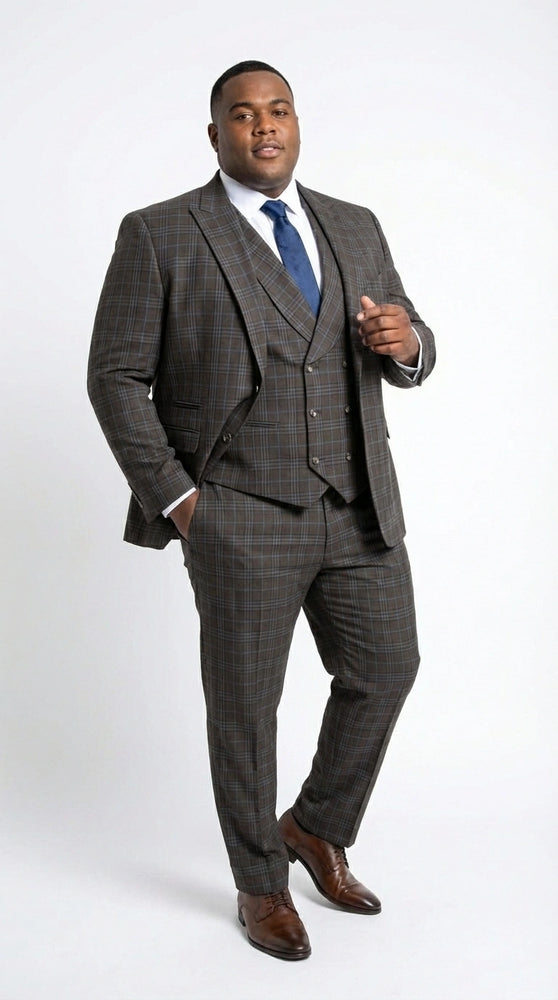 Vitali Men’s Brown Grey with blue Check 3 Piece Suit – Classic Plaid Formal Suit Set with Blazer, Vest & Trousers, Business Wedding Party Wear for Men Modern Fit