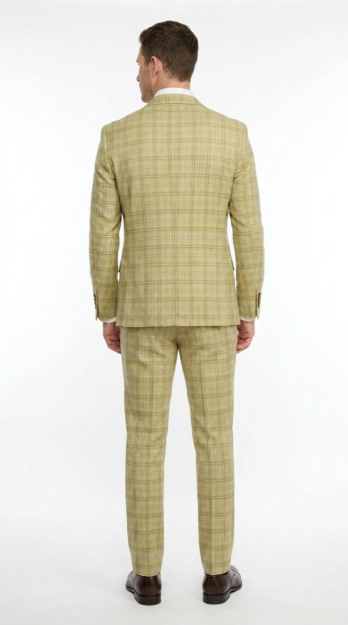 Vitali Men’s Sage Beige Tan Plaid 3 Piece Suit, Check Pattern Formal Dress Suit for Weddings, Prom, Business Events, Modern Fit Light Yellow Color