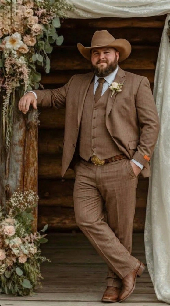 Men’s Light Brown Western 3 Piece Suit – Classic Country Style Blazer Vest Pants Set, Formal Cowboy Suit Toast