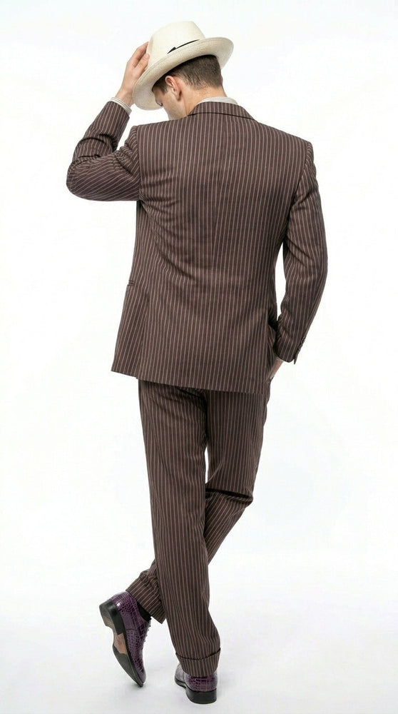 Men’s Brown Pinstripe Bonnie and Clyde Costume Suit – Vintage Gangster 1920s Outfit for Party, Halloween and Themed Events