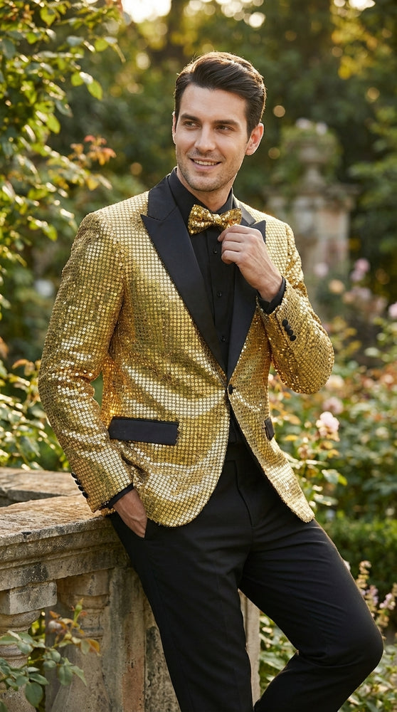 Mens Gold Sequin Blazer with Black Satin Lapel – Gold Formal Party Blazer Jacket for Prom, Wedding and Stage Events