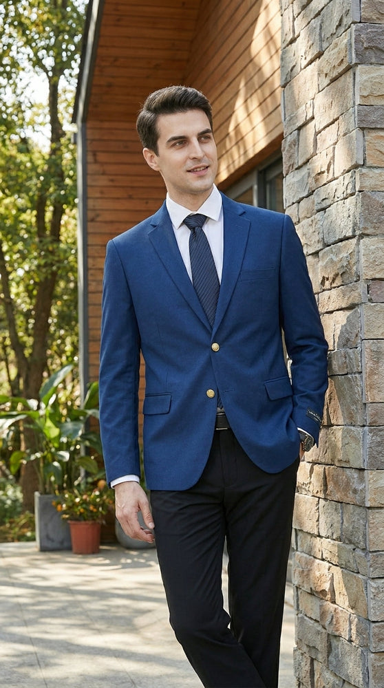 Men’s Sapphire Indigo Cobalt Blue Blazer with Gold Buttons – Classic Single Breasted Formal Business Jacket for Office, Wedding