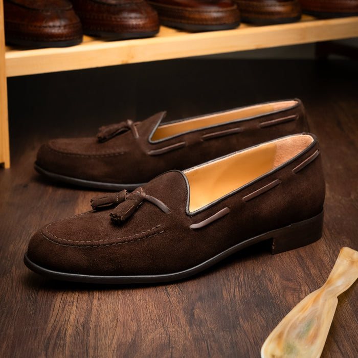 Zelli Franco Classic Tassel Loafers in Nicotine Suede Goatskin