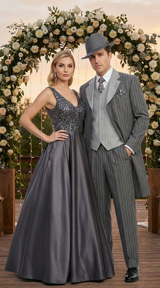 Men’s Grey Pinstripe Zoot Suit 3 Piece – 1920s Gangster Vintage Wide Lapel Suit with Vest for Wedding, Party