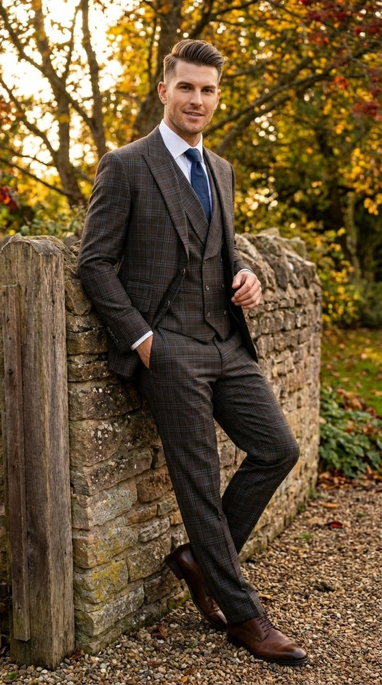 Vitali Men’s Brown Grey with Blue Check 3 Piece Suit – Classic Plaid Formal Suit Set with Blazer, Vest & Trousers, Business Wedding Party Wear for Men Slim Fit