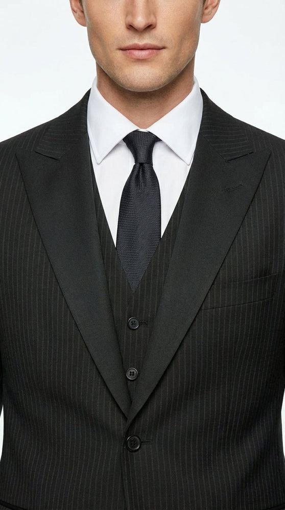 Vitali Mens Black Tone on Tone Shadow Stripe Vested Suit Set – 3 Piece Modern Fit Pinstripe Two Buttons