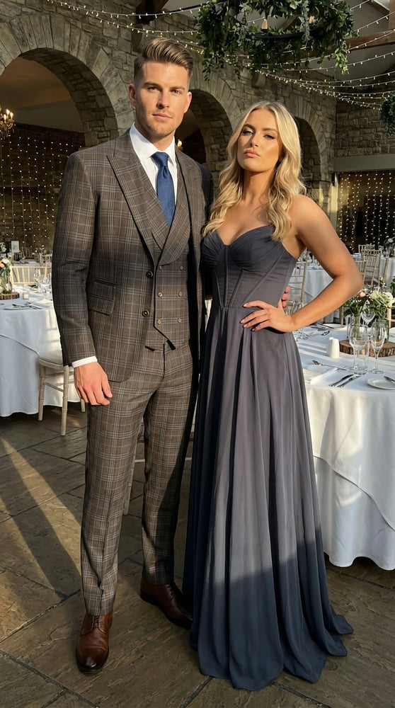 Vitali Men’s Brown Grey with Blue Check 3 Piece Suit – Classic Plaid Formal Suit Set with Blazer, Vest & Trousers, Business Wedding Party Wear for Men Slim Fit