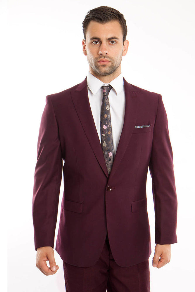 Men's Burgundy Slim Fit Suit with Peak Lapel from Tazzio Suits