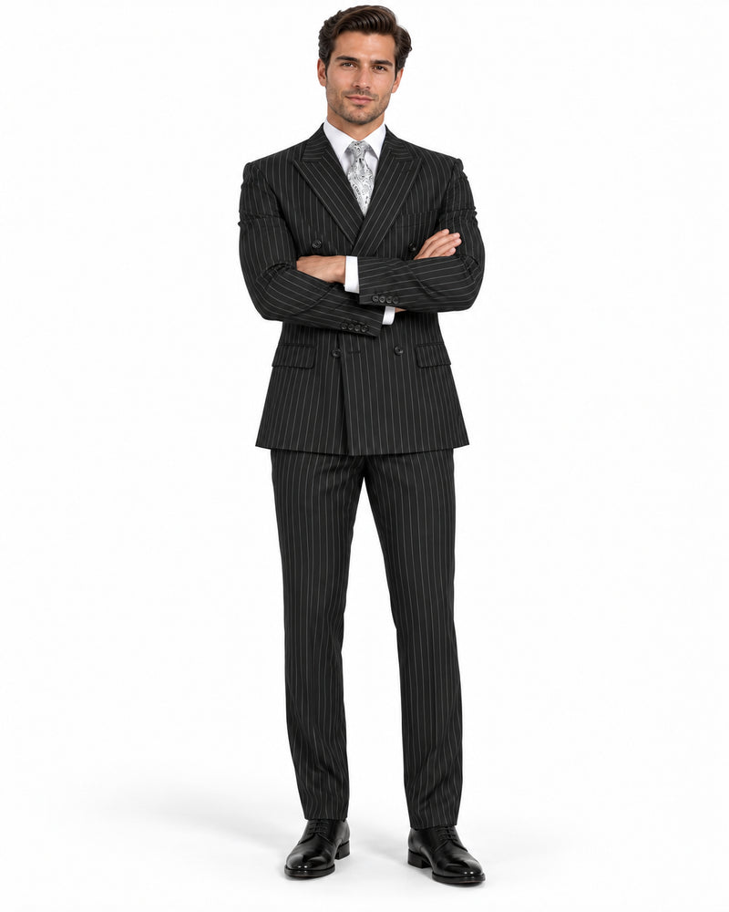 Banker Collection-Men's Double Breasted Pinstripe Black Suit