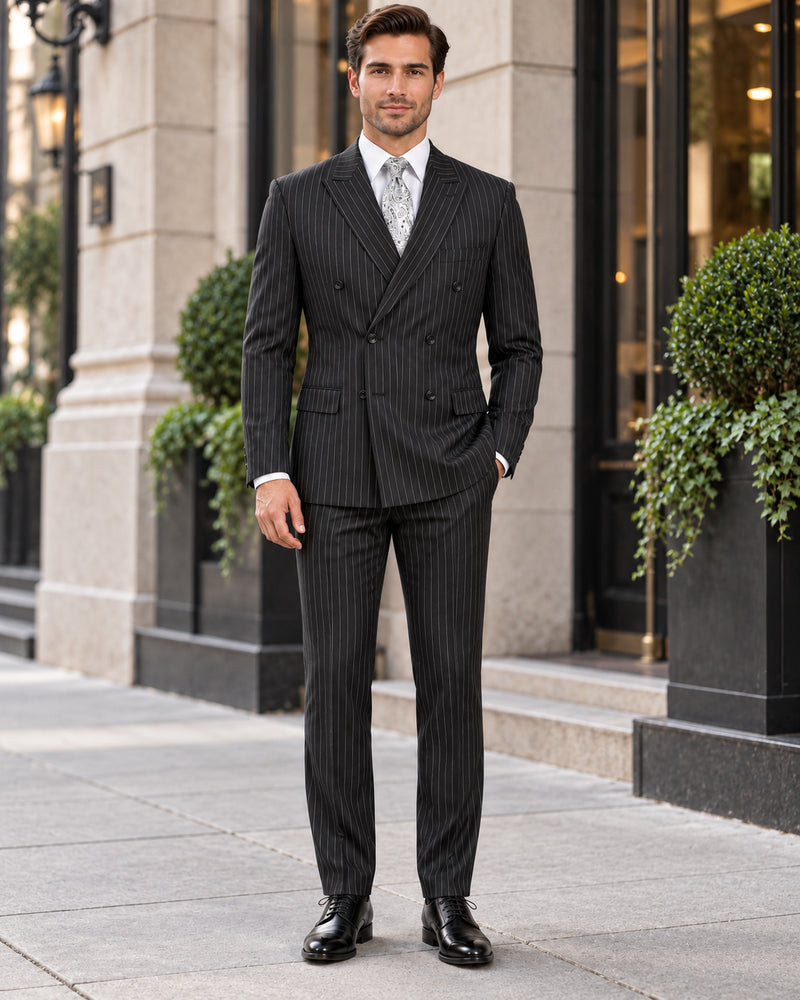 Banker Collection-Men's Double Breasted Pinstripe Black Suit