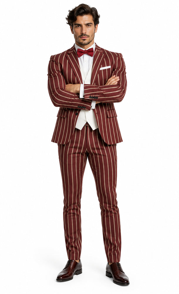 1920s Mens Vested Bold Gangster Pinstripe Suit in Burgundy