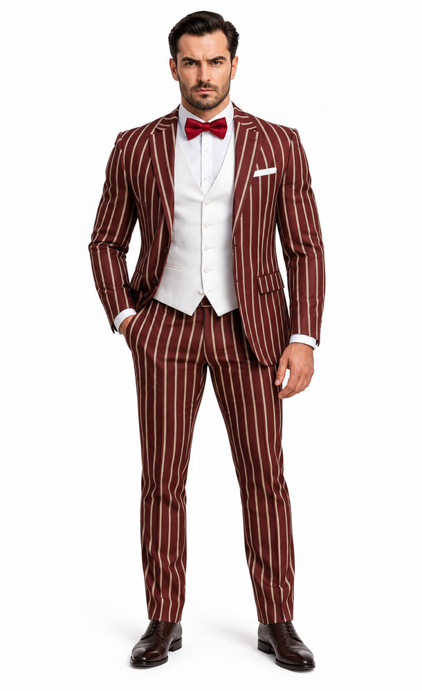 1920s Mens Vested Bold Gangster Pinstripe Suit in Burgundy