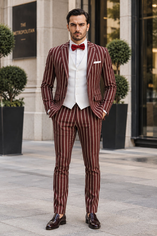 1920s Mens Vested Bold Gangster Pinstripe Suit in Burgundy