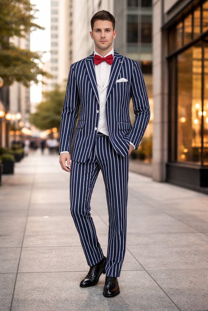 1920s Mens Vested Bold Gangster Pinstripe Suit in Navy