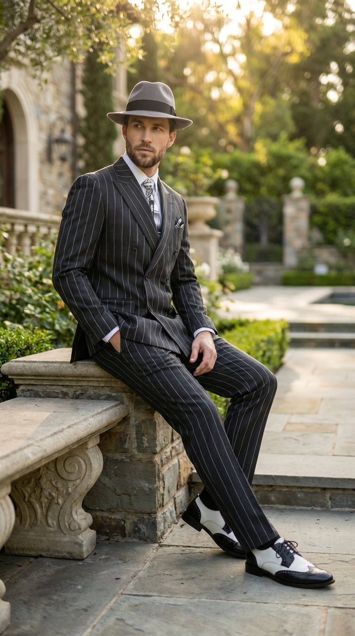 Mens Black Pinstripe AI Capone Suit – Vintage 1920s Gangster Style