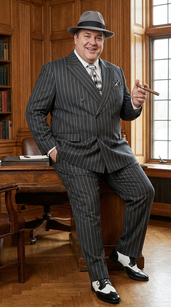 Mens Black Pinstripe AI Capone Suit – Vintage 1920s Gangster Style