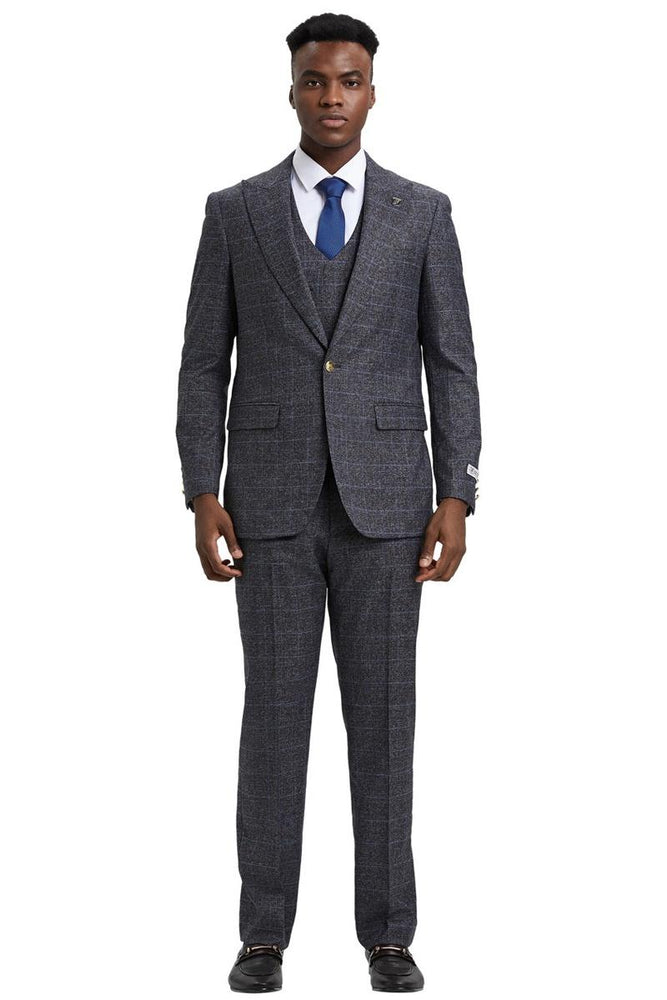 Men's Stacy Adams Peak Lapel Suit with Double Breasted Vest in Charcoal Grey Windowpane Plaid