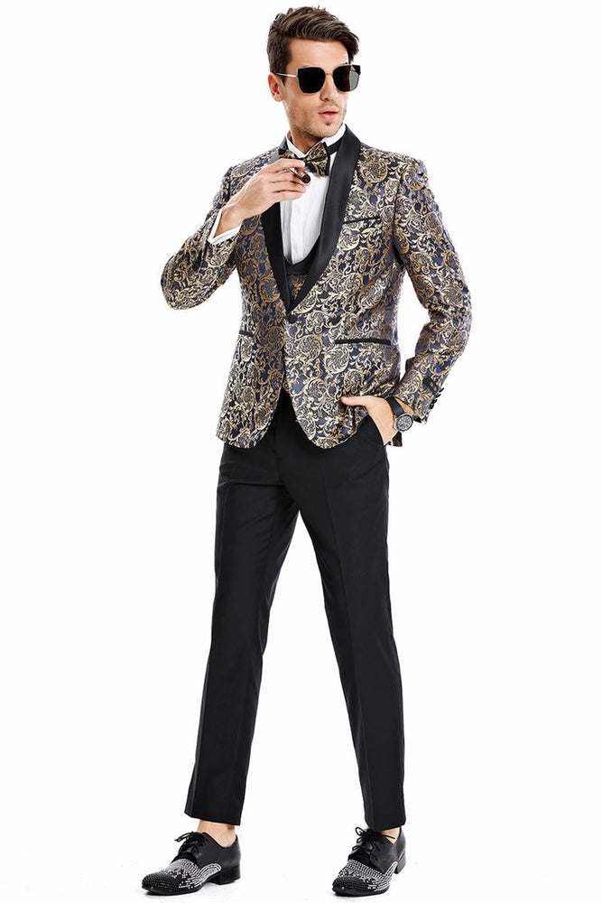 Men's Navy & Gold Paisley One Button Vested Suit