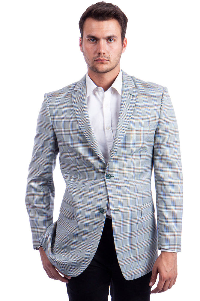Men's Two Button Sport Coat in Blue & Tan Windowpane Plaid