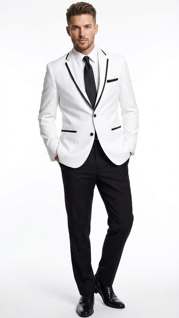 White With Black Skinny Fitted Slim Fit Cut Tuxedo Blazer