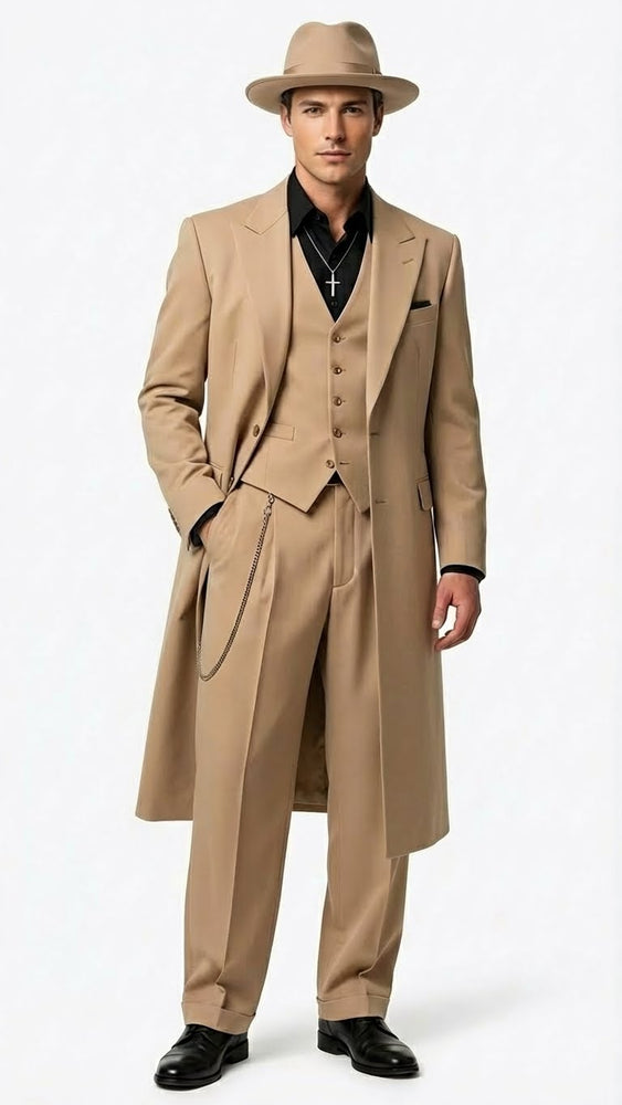 Men’s 1920s Beige Zoot Suit – Long Mafia Gangster Three-Piece Suit in Tan Khaki Color 40 inch Zuit Pachuco Suit