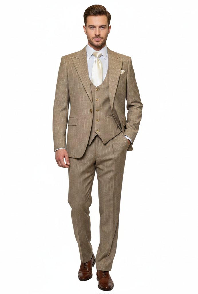 Men’s Beige Pinstripe Three-Piece Suit – Classic Fit Formal Suit with Vest and Flat-Front Pants in Tan Stripe By Rossiman