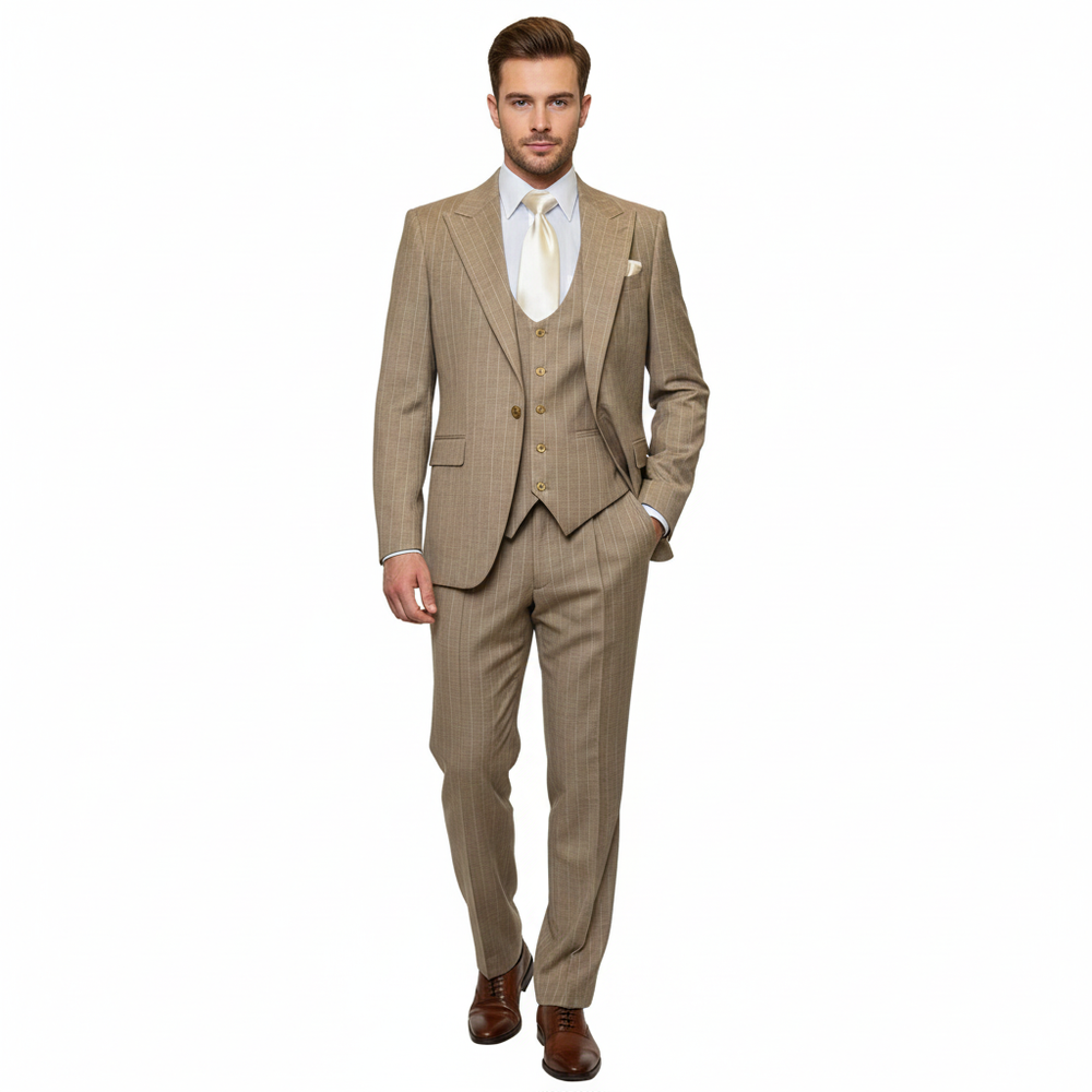 Men’s Beige Pinstripe Three-Piece Suit – Classic Fit Formal Suit with Vest and Flat-Front Pants in Tan Stripe By Rossiman