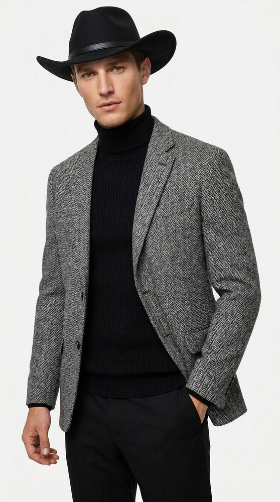 Men’s Grey Herringbone Winter Cowboy Blazer – Western Sport Coat Jacket