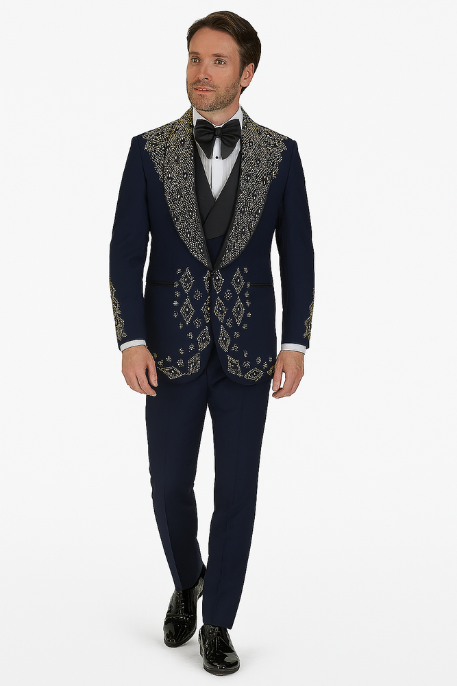 Men’s Navy Tuxedos with Gold Embroidery – Slim Fit Formal Dinner Jacket with Shawl Lapel
