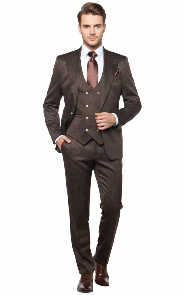 Men’s Chocolate Brown Textured 3-Piece Suit – Luxury Double-Breasted Vest Formal Set