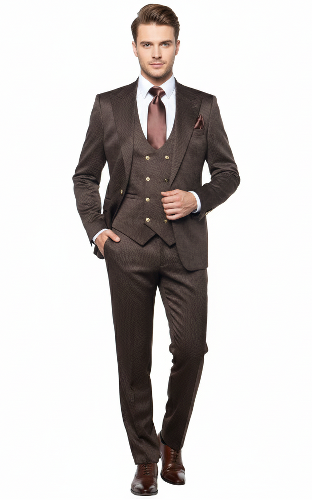 Men’s Chocolate Brown Textured 3-Piece Suit – Luxury Double-Breasted Vest Formal Set