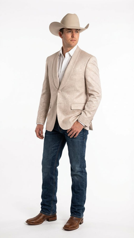 Men’s Tan Khaki Beige Cream Champaign Paisley Western Blazer Jacket, Embossed Dress Sport Coat for Wedding Party Rodeo Style