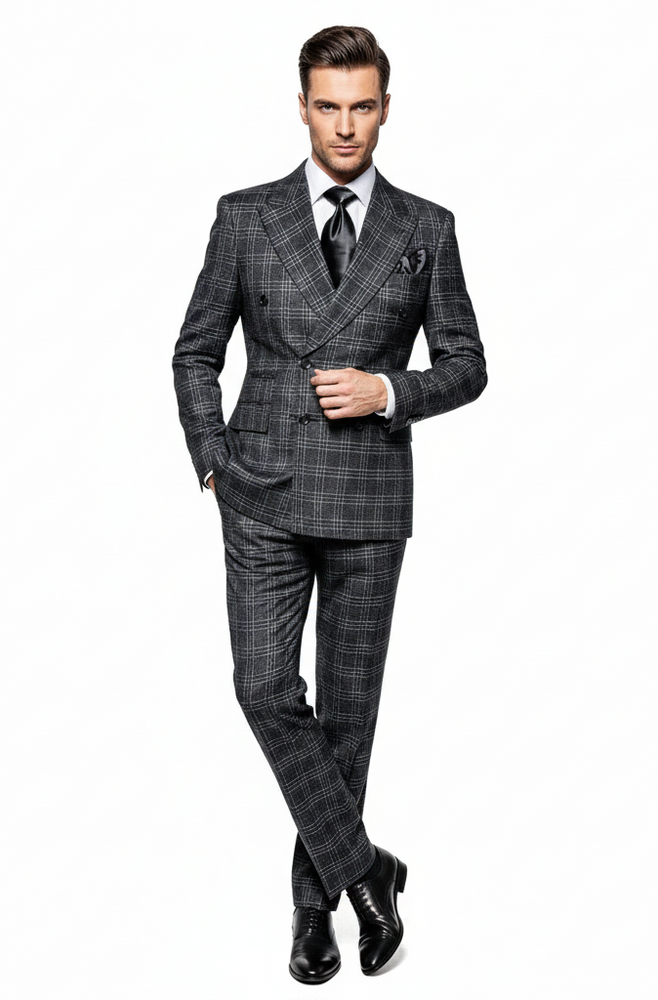 Men’s Charcoal Plaid Double-Breasted Suits –  Tailored Pants Windowpane Pattern By Rossiman