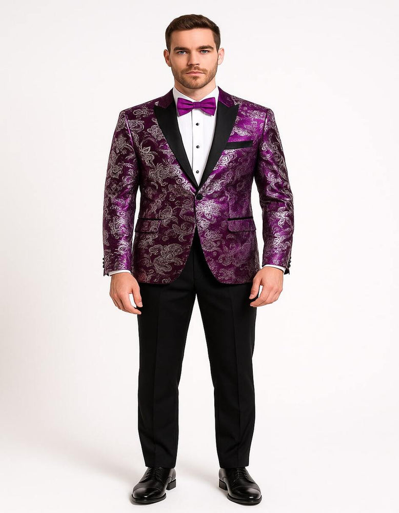Men's Pinkish ~ Purple Paisley Tuxedo Jacket with Black Satin Lapel – Formal Prom and Wedding Blazer in Meganta Color