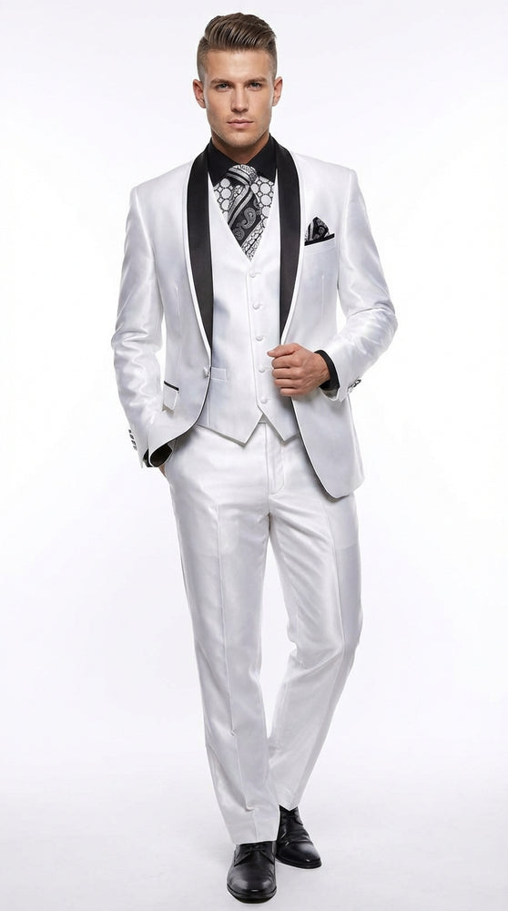 Men’s White Shiny Flashy Fabric Tuxedo Suit with Black Shawl Lapel | Luxury Formal Wedding and Evening Suit Sharkskin Metallic Fabric