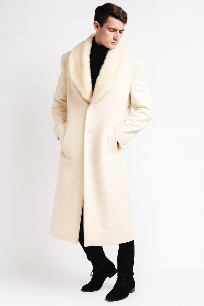 Men’s Ivory Full-Length Overcoat with Luxurious Faux Fur Shawl Collar – Winter Dress Coat
