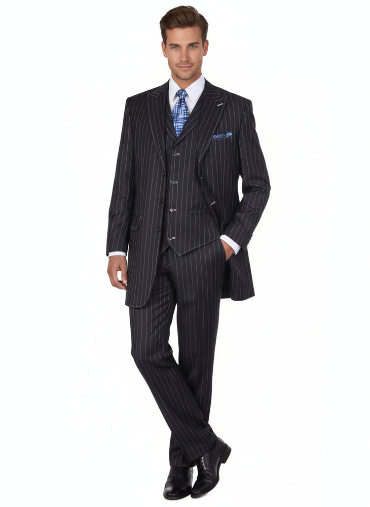 Men's Three Button Suits -  Navy Blue Pinstripe Three-Piece Suit – Classic Business and Formal Wear with Tailored Fit