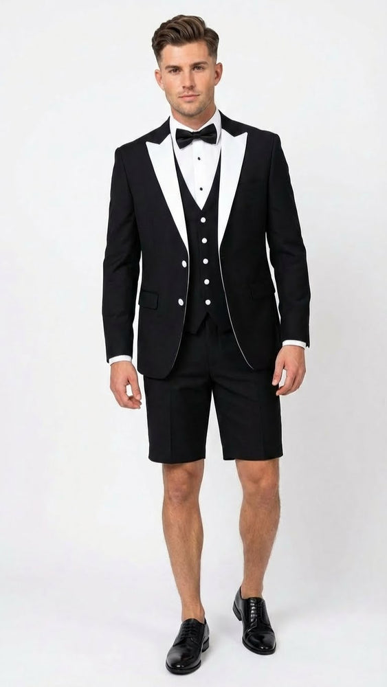 Men’s Black and White Tuxedo Shorts Suit – Modern Formal Tuxedo with Short Pants for Wedding, Party and Special Events