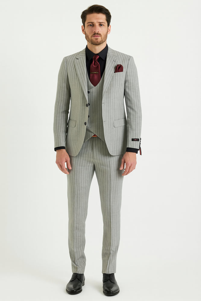 Men’s 3-Piece Light Grey Pinstripe Suit with Vest – Classic Business, Wedding, and Formal Attire