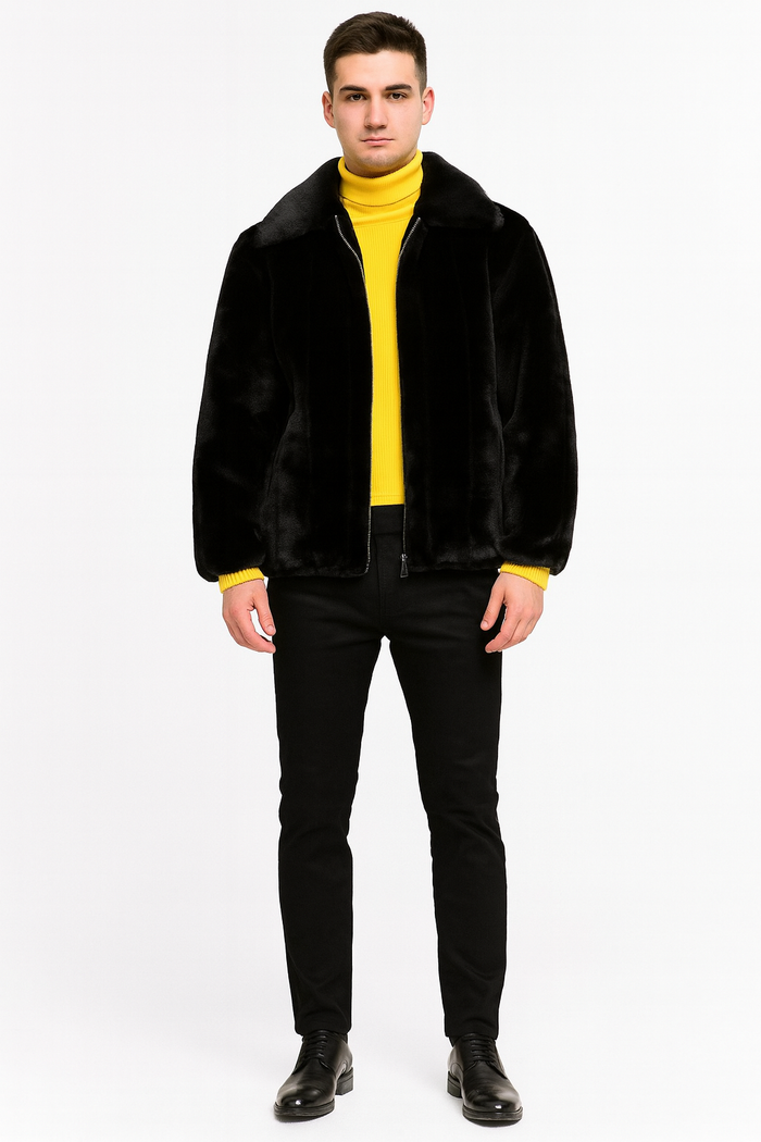 Men’s Black Faux Fur Jacket – Luxury Winter Zip-Up Coat with Soft Plush Finish