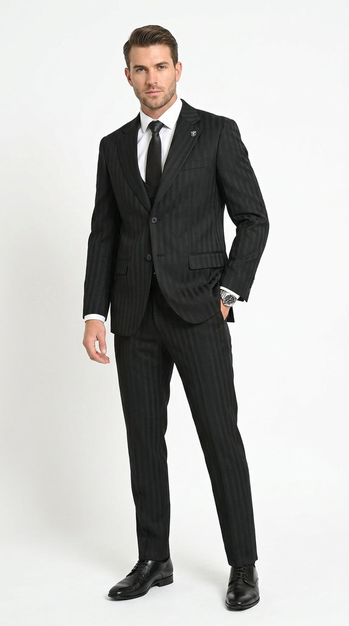 Men’s Black Tonal Shadow Pinstripe Vested Suit – 3 Piece Classic Fit Formal Wedding & Business Suit By Vitali