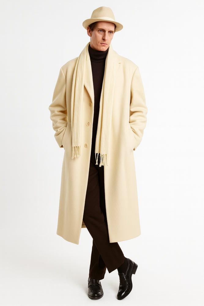 Men’s Long Cream Overcoat Wool Fabric in Ivory Off White Color Full length