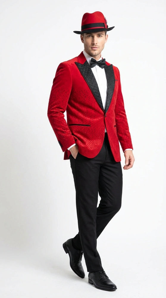 Men’s Red Velvet Fabric Rhinestone  Blazer with Matching Red and Black Hat – Christmas New Year Holiday Party Jacket Set