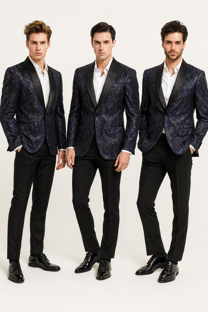 Men’s Navy Blue Sequin Tuxedo Jacket with Black Satin Shawl Lapel – Luxury Prom and Wedding Blazer