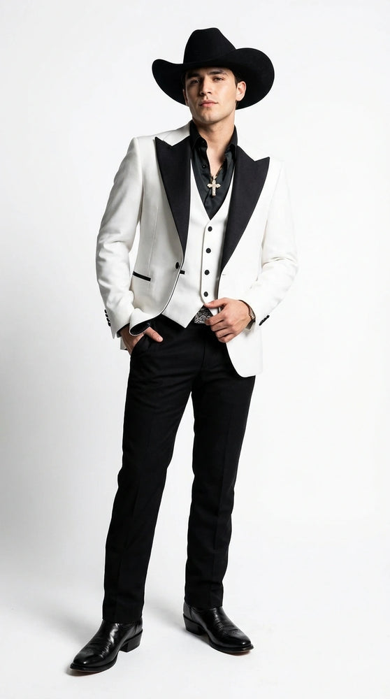 Men’s White Cowboy Tuxedo with Black Satin Lapel – Western Formal Suit with Matching Vest
