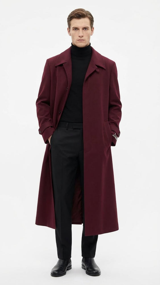 Men’s Full-Length Burgundy Overcoat – Microfiber 4 season fabric  Long Formal Coat with Classic Tailored Maxi Duster Coat